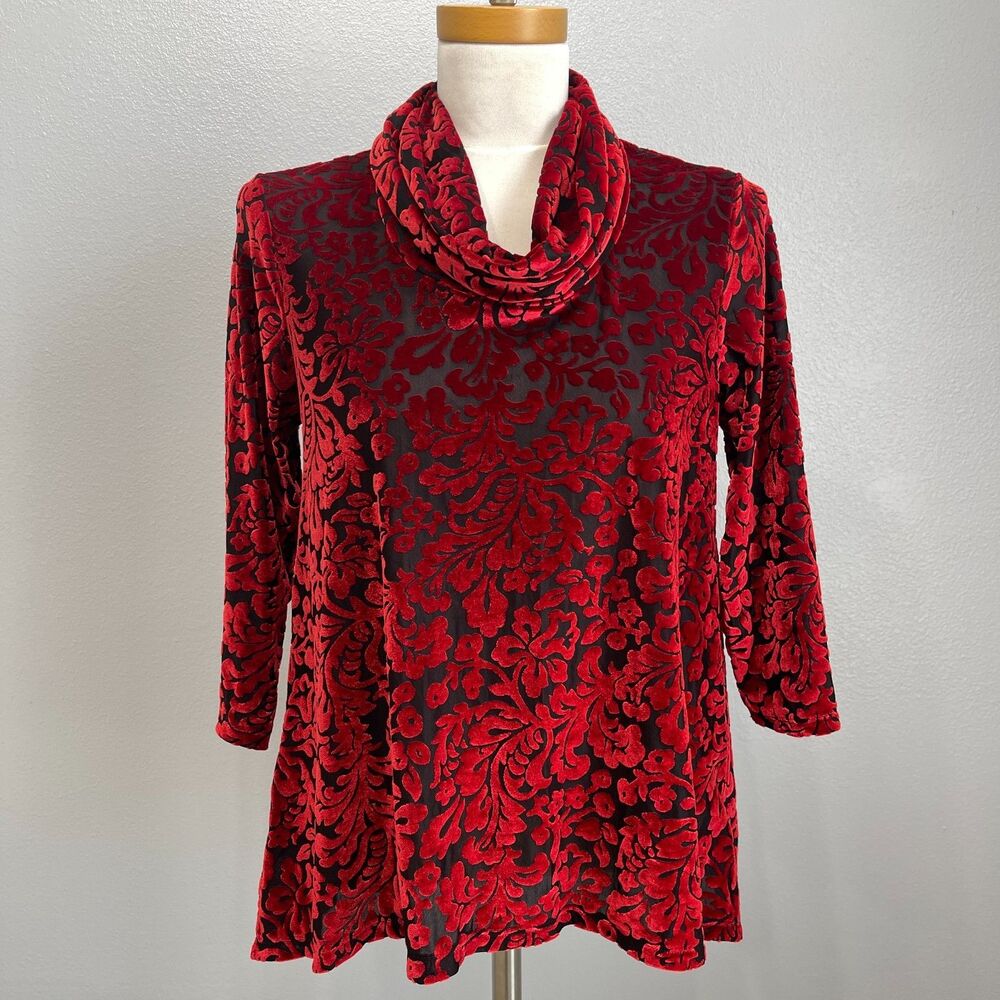 Ruby Rd. Women's Cowl Neck Top Medium Large Red Black Floral Leaves